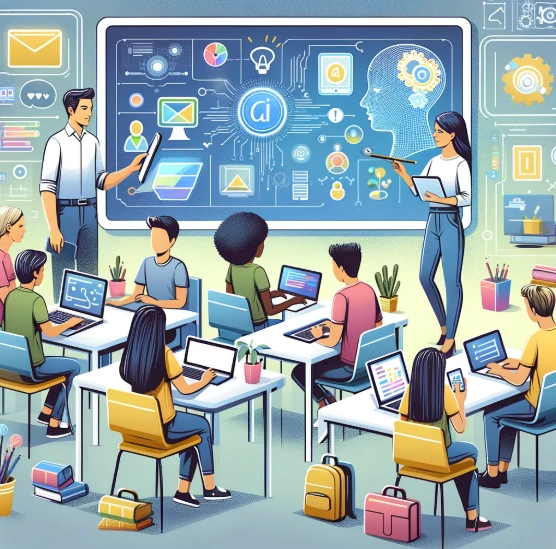 Illustration of a classroom showcasing technology in education