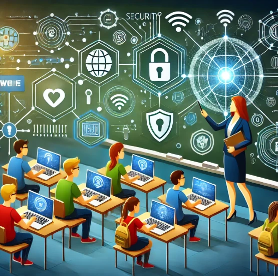 Illustration of students in a classroom setting collaborating with laptops, tablets, and smartphones, guided by a teacher. The design includes icons representing cybersecurity, online communication, and digital tools, with a chalkboard displaying digital-themed diagrams like network nodes and a glowing globe.