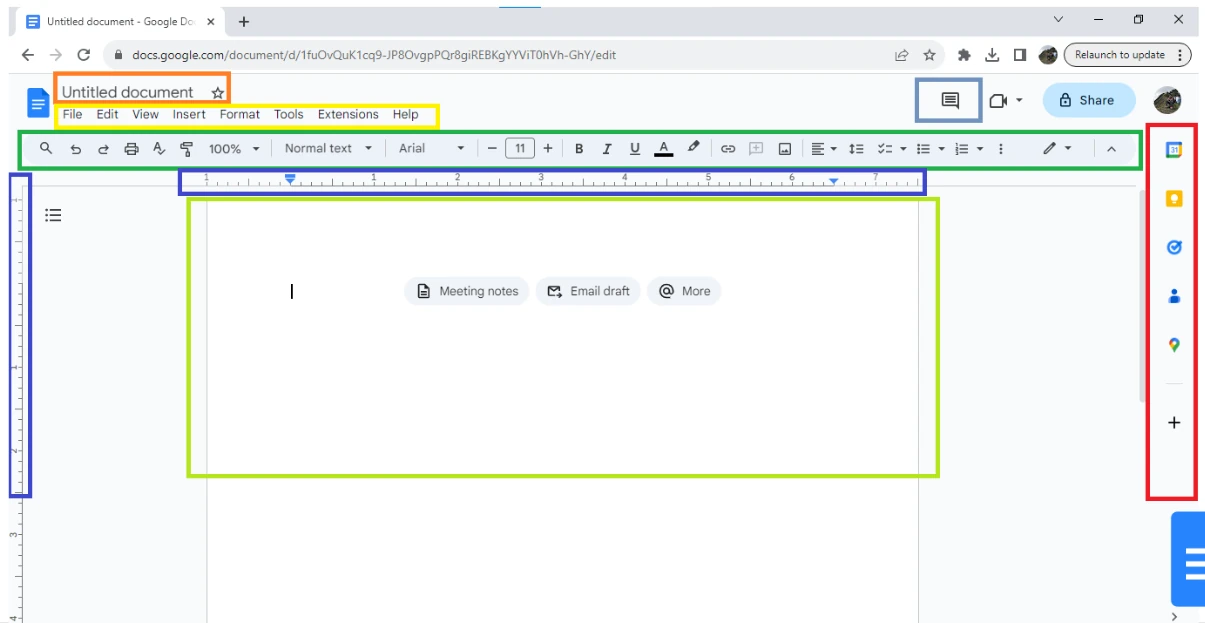 Annotated Google Docs interface with numbered elements matching the descriptions