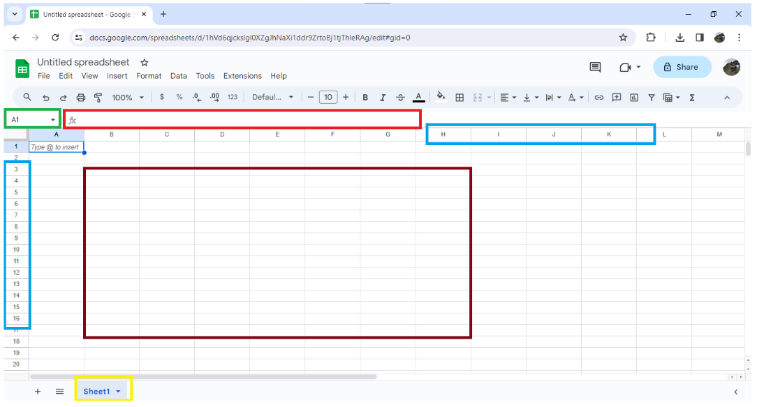 Annotated Google Sheets interface with key components